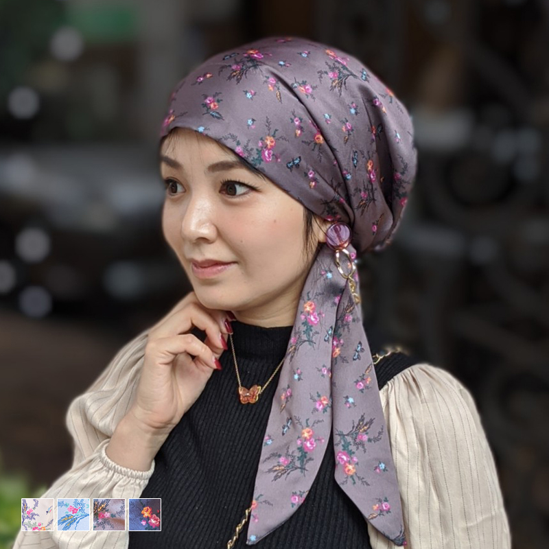医療用帽子 ケア帽子 スカーフタイプ -蝶と薔薇-
