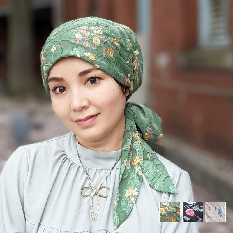 医療用帽子 ケア帽子 スカーフタイプ -ペイズリー×フラワー-