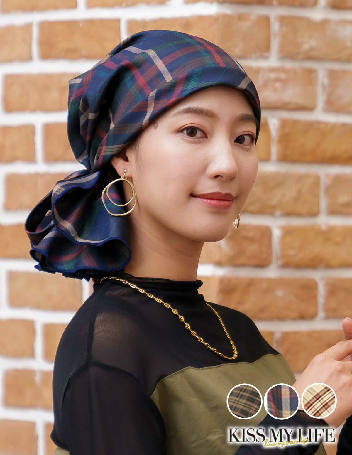 医療用帽子(ケア帽子) -Karina- バンダナタイプ/チェック柄