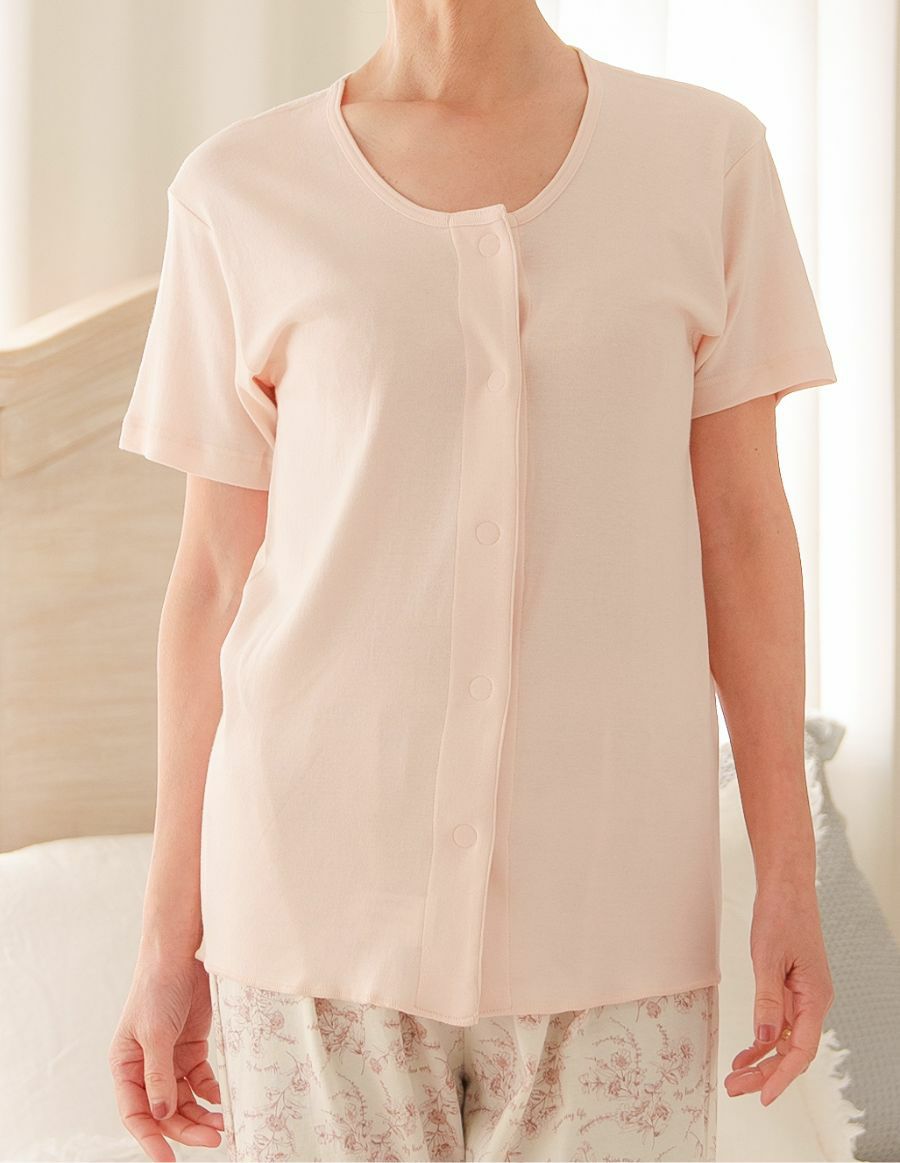 レディース 前開きワンタッチ肌着 綿100% 半袖