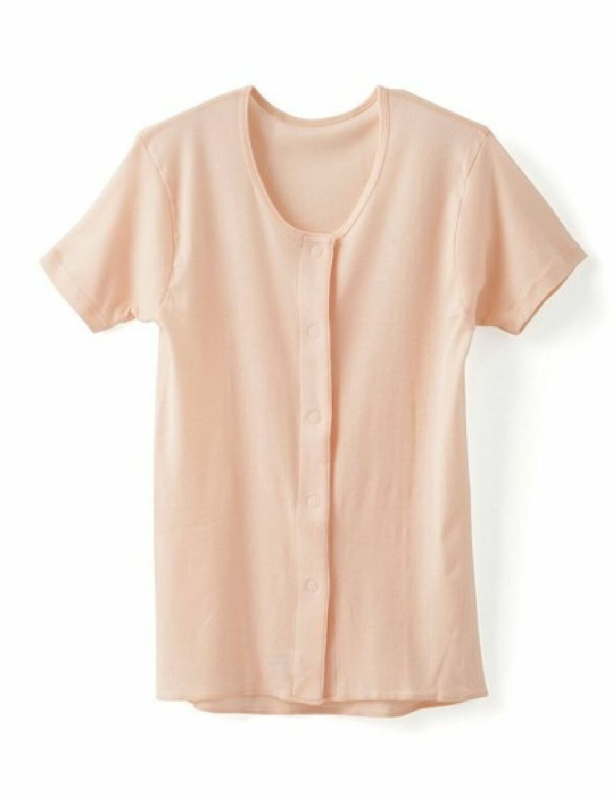 レディース 前開きワンタッチ肌着 綿100% 半袖　ピンク