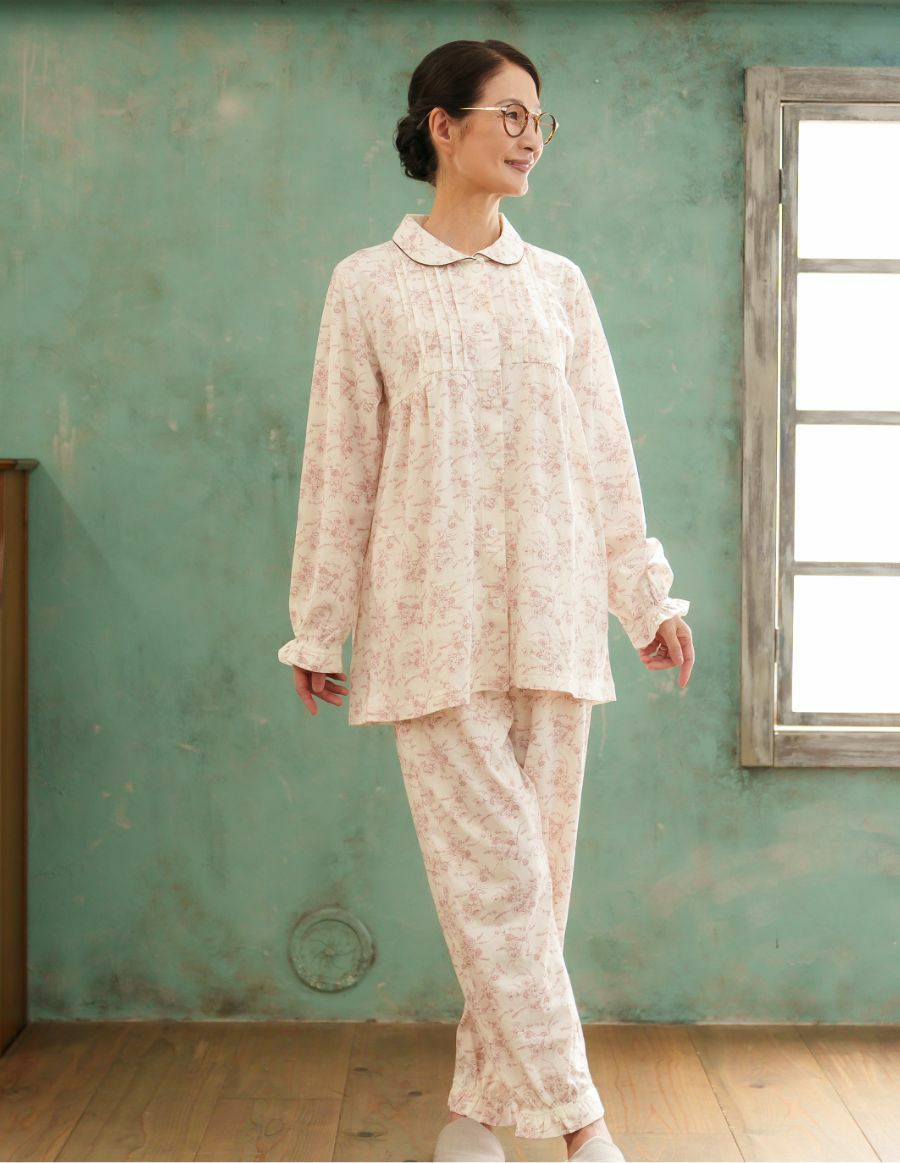 レディースパジャマ 小花柄 前開きタイプ 介護用　綿100%