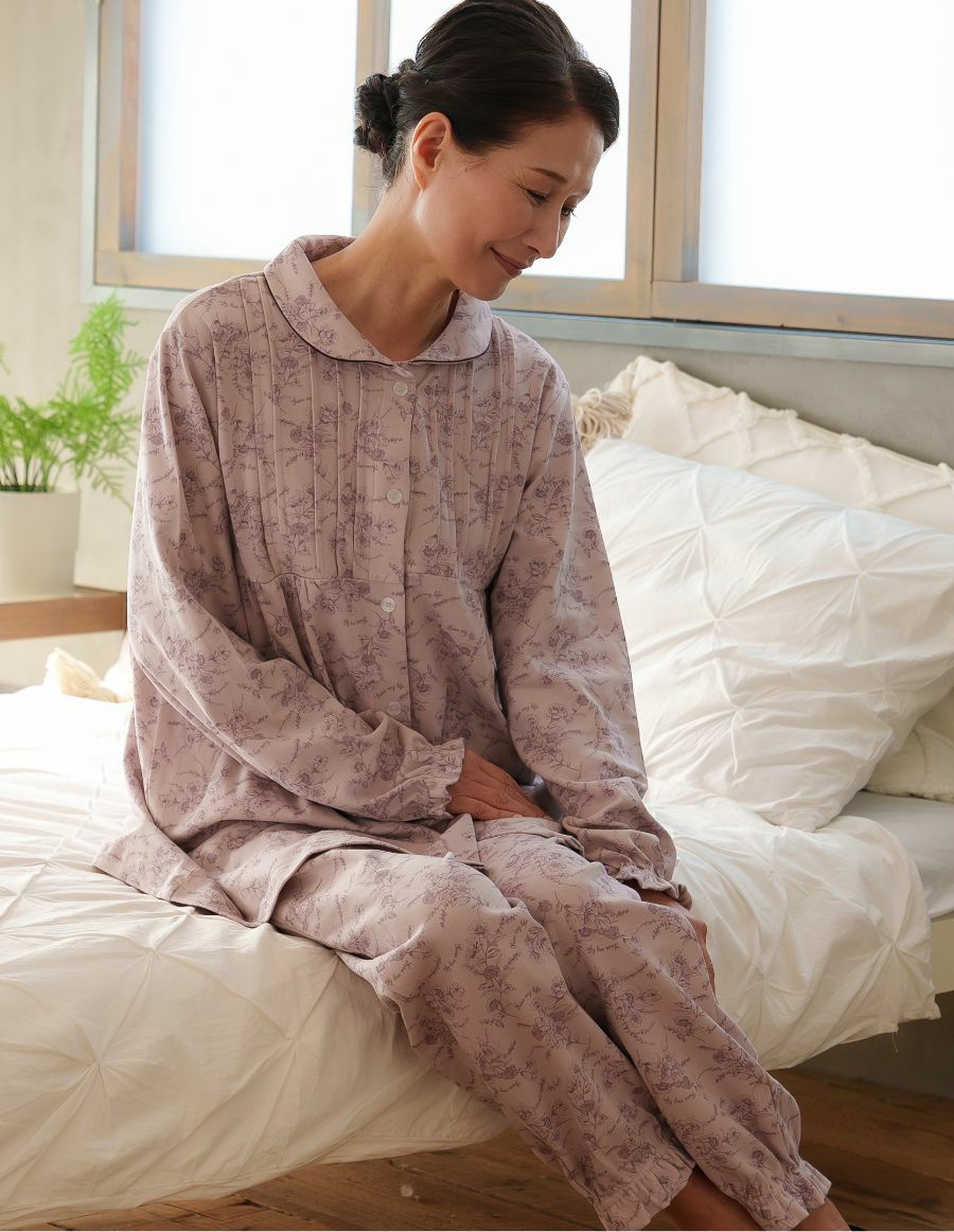 レディースパジャマ 小花柄 前開きタイプ 介護用　綿100%