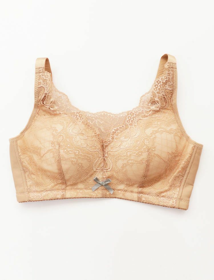 乳がんブラ　後ろホック調整 アンティークレース＆草の種パッドセット　キャメル