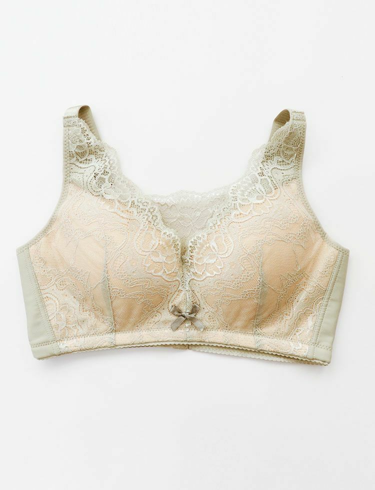 乳がんブラ　後ろホック調整 アンティークレース＆草の種パッドセット　ミントグリーン