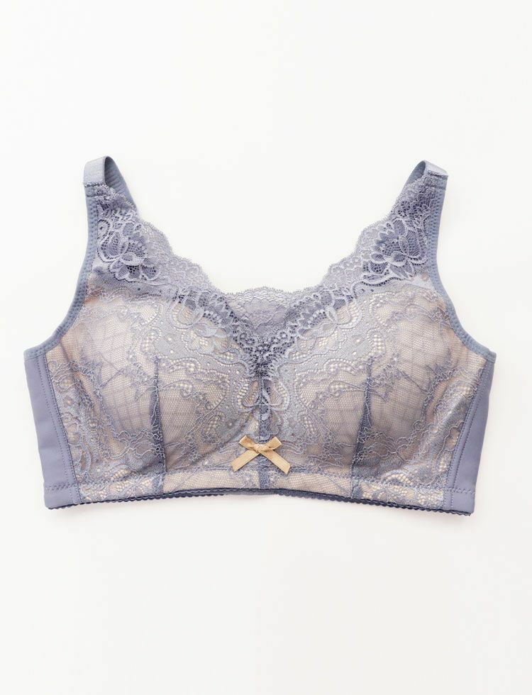 乳がんブラ　後ろホック調整 アンティークレース＆草の種パッドセット　ペールブルー