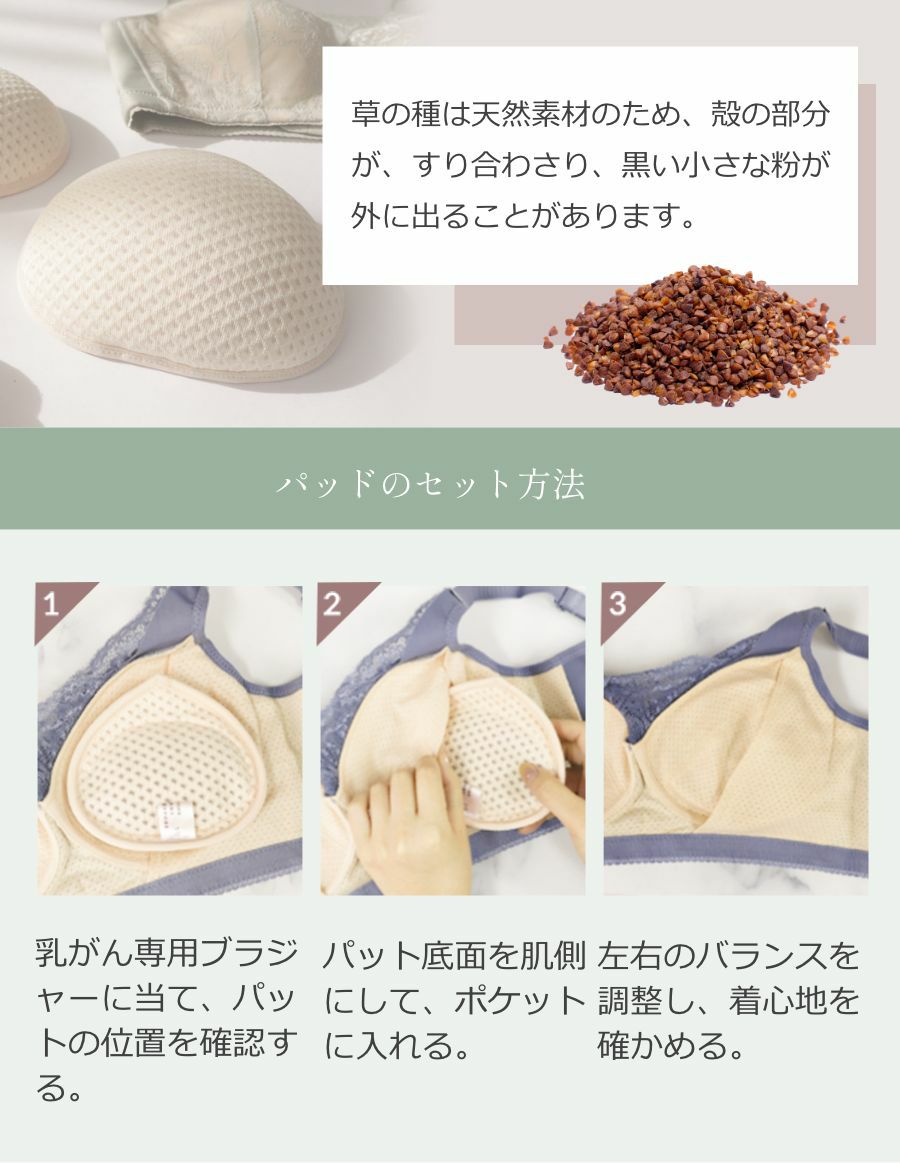 乳がんブラ　後ろホック調整 アンティークレース＆草の種パッドセット