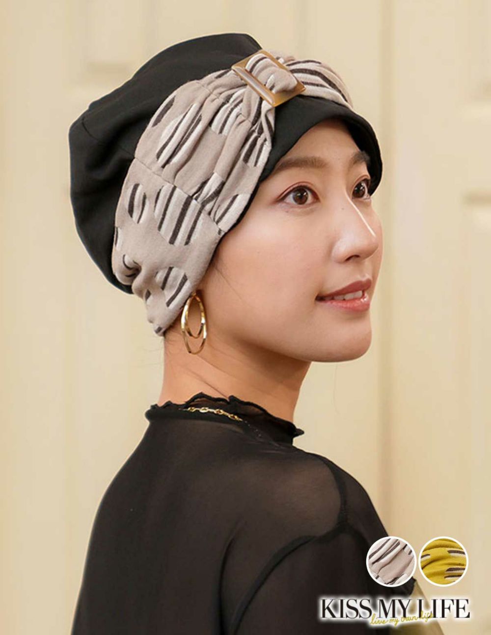 医療用帽子(ケア帽子) -Jean- ニットタイプ /バックル付き レトロドット柄