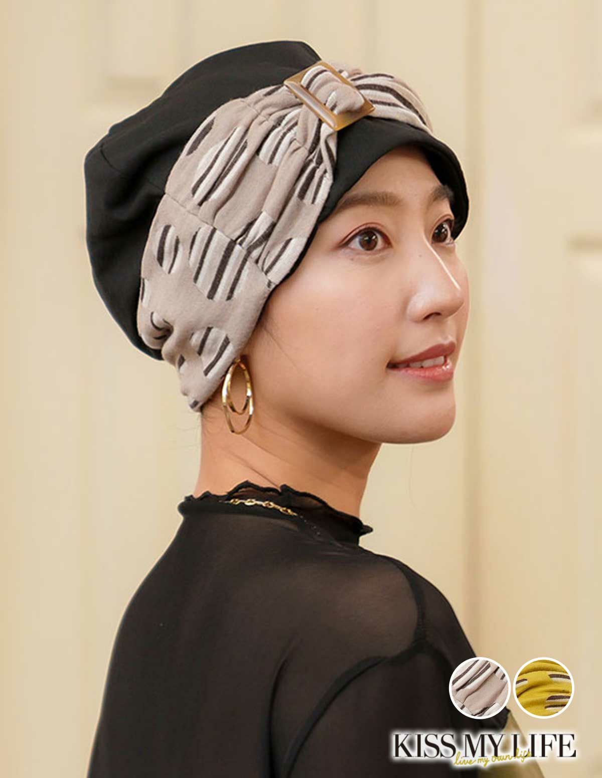 医療用帽子(ケア帽子) -Jean- ニットタイプ /バックル付き レトロドット柄