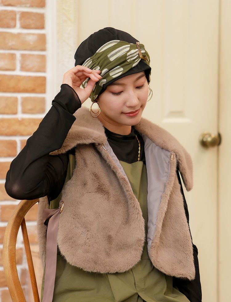 医療用帽子(ケア帽子) -Jean- ニットタイプ /バックル付き レトロドット柄