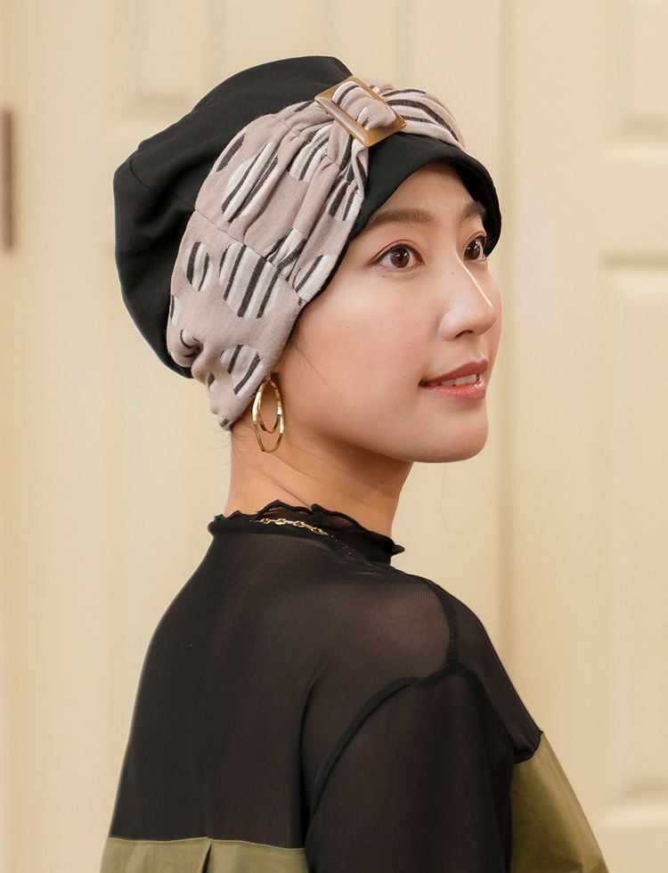 医療用帽子(ケア帽子) -Jean- ニットタイプ /バックル付き レトロドット柄