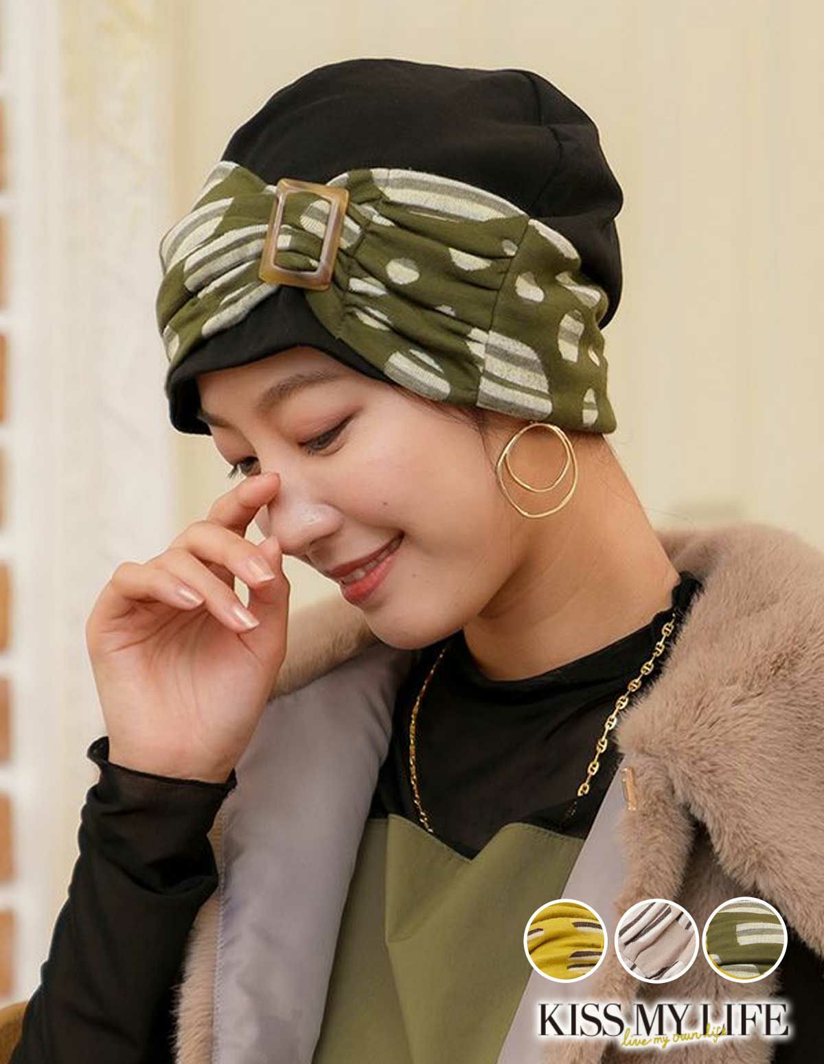 医療用帽子(ケア帽子) -Jean- ニットタイプ /バックル付き レトロドット柄