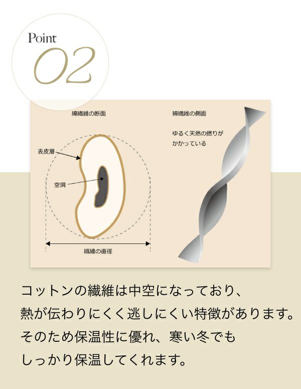 コットンの繊維は中空になっており、熱が伝わりにくく逃しにくい特徴があります。 そのため保温性に優れ、寒い冬でもしっかり保温してくれます。