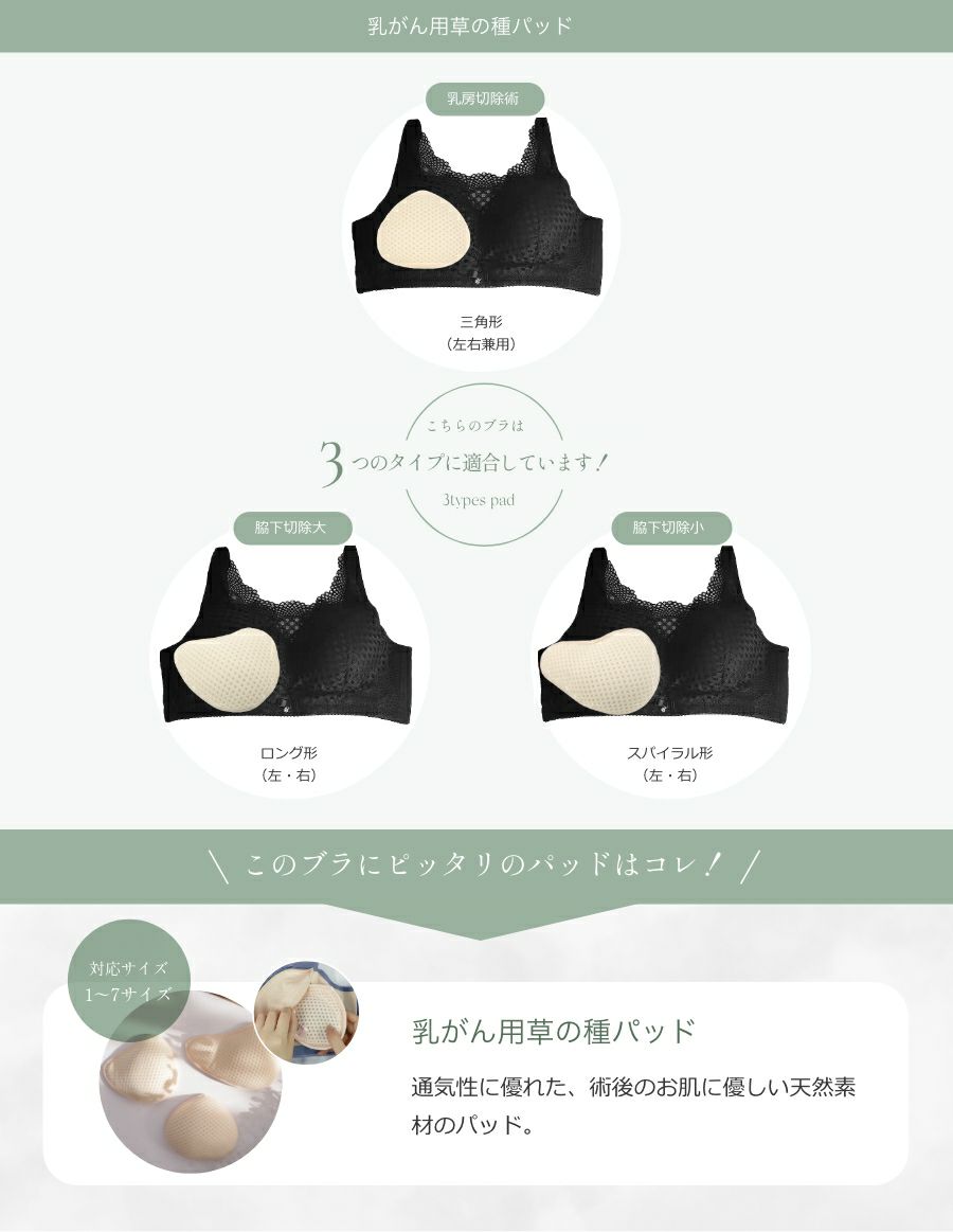 乳がんブラ　後ろホック調整 メッシュレース （パッド対応）　草の種パッド