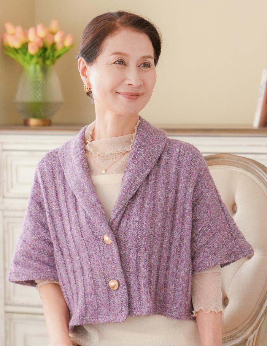 ニット肩掛け＆花コサージュ　UVケアハット　ライラックパープル