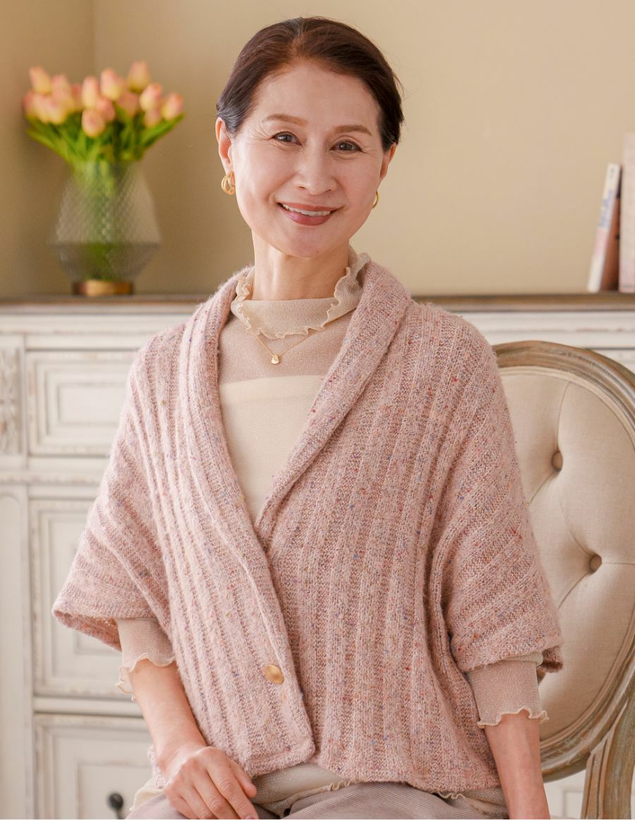 ニット肩掛け＆花コサージュ　UVケアハット　ピンクベージュ