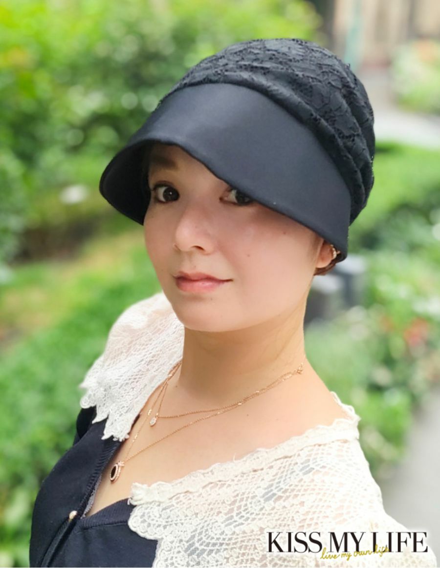 医療用帽子(ケア帽子) -Jean- つば付きタイプ/Noir Fleur  花レース