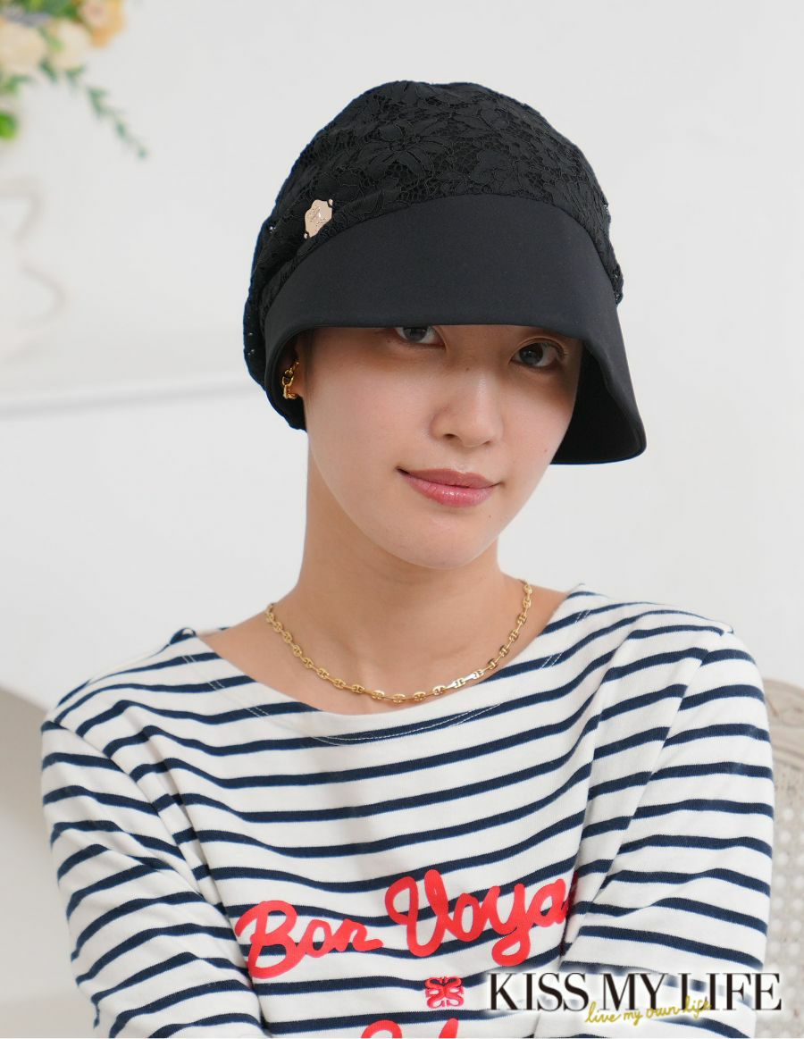 医療用帽子(ケア帽子) -Jean- つば付きタイプ/Noir Fleur  花レース