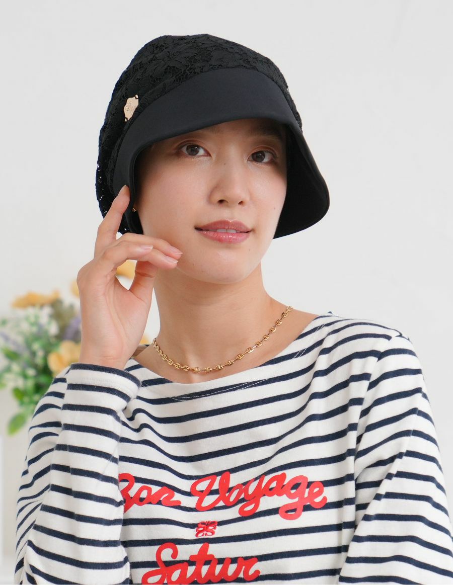 医療用帽子(ケア帽子) -Jean- つば付きタイプ/Noir Fleur  花レース