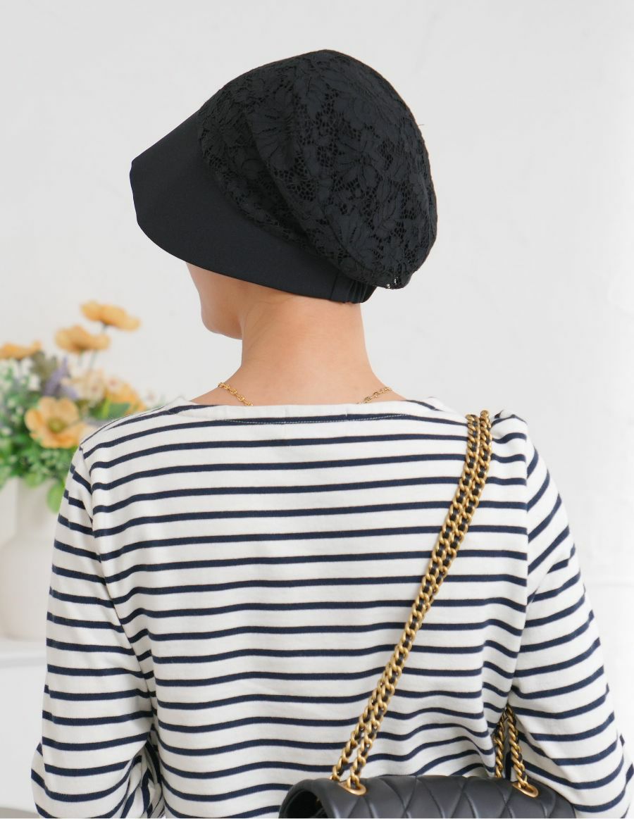 医療用帽子(ケア帽子) -Jean- つば付きタイプ/Noir Fleur  花レース