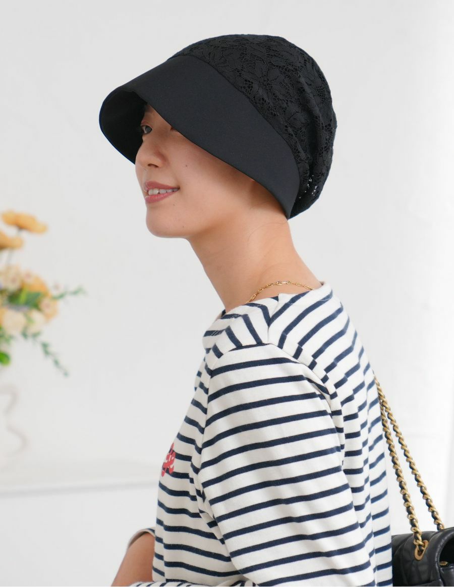 医療用帽子(ケア帽子) -Jean- つば付きタイプ/Noir Fleur  花レース