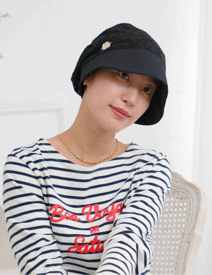 医療用帽子(ケア帽子) -Jean- つば付きタイプ/Noir Fleur  花レース