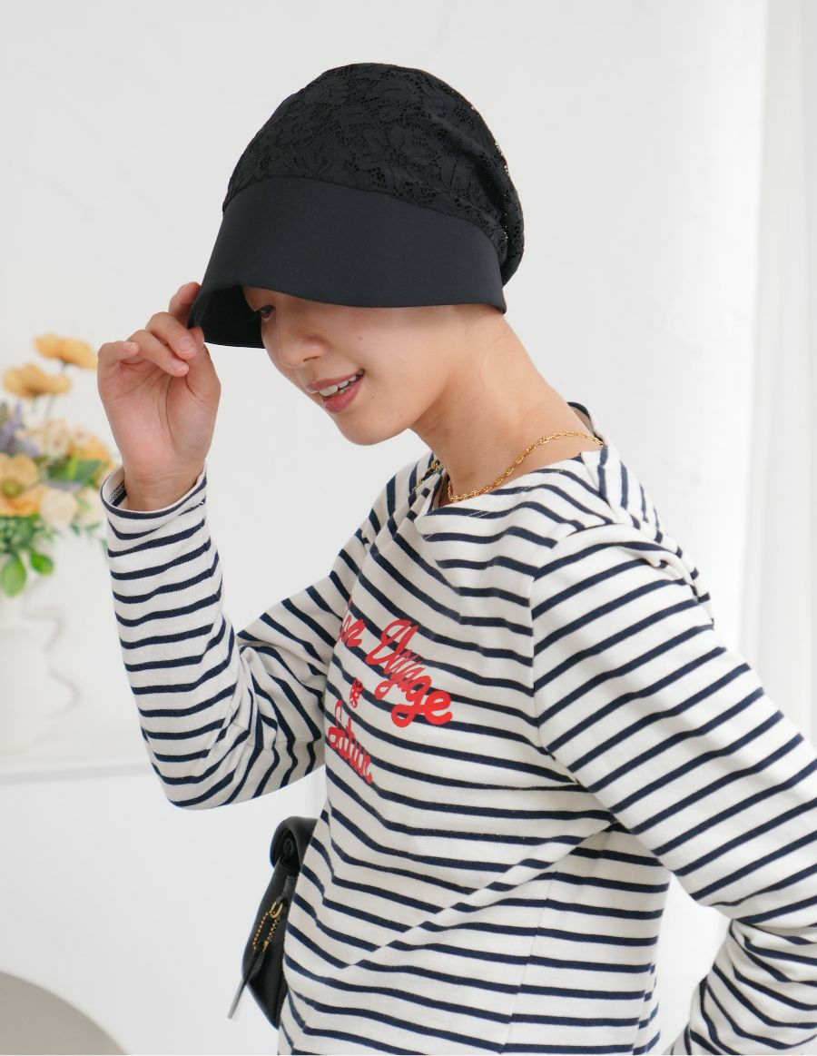 医療用帽子(ケア帽子) -Jean- つば付きタイプ/Noir Fleur  花レース